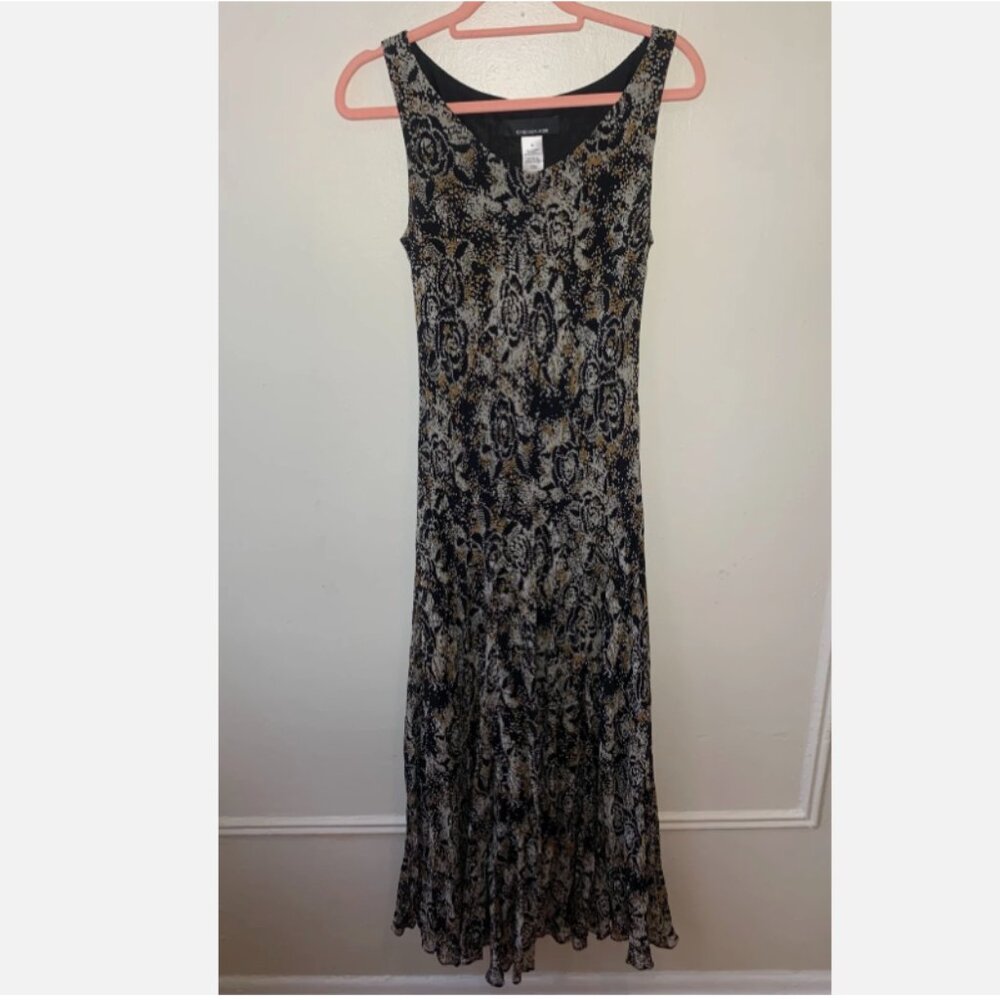Vtg 90's Flowy Silk Sleeveless Maxi Dress Godet Flare Abstract Print Dark Fairy